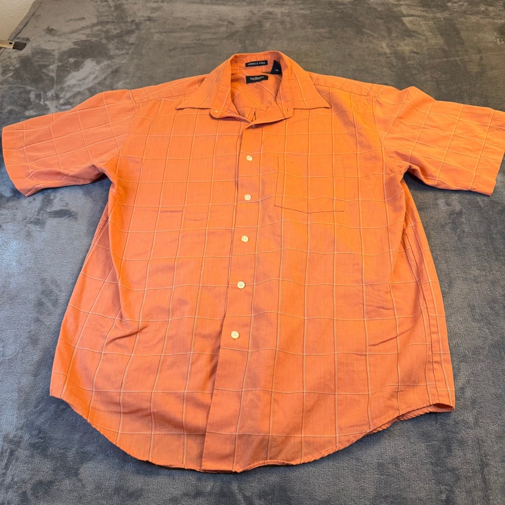 Van Heusen Orange Plaid Short Sleeve Button Up Shirt Wrinkle Free Mens Medium